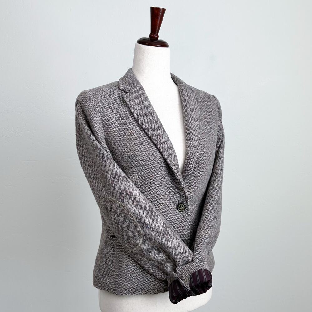 H&M L.O.G.G. Herringbone Tweed Wool Elbow Patch Bookish Cropped Blazer SIZE 10